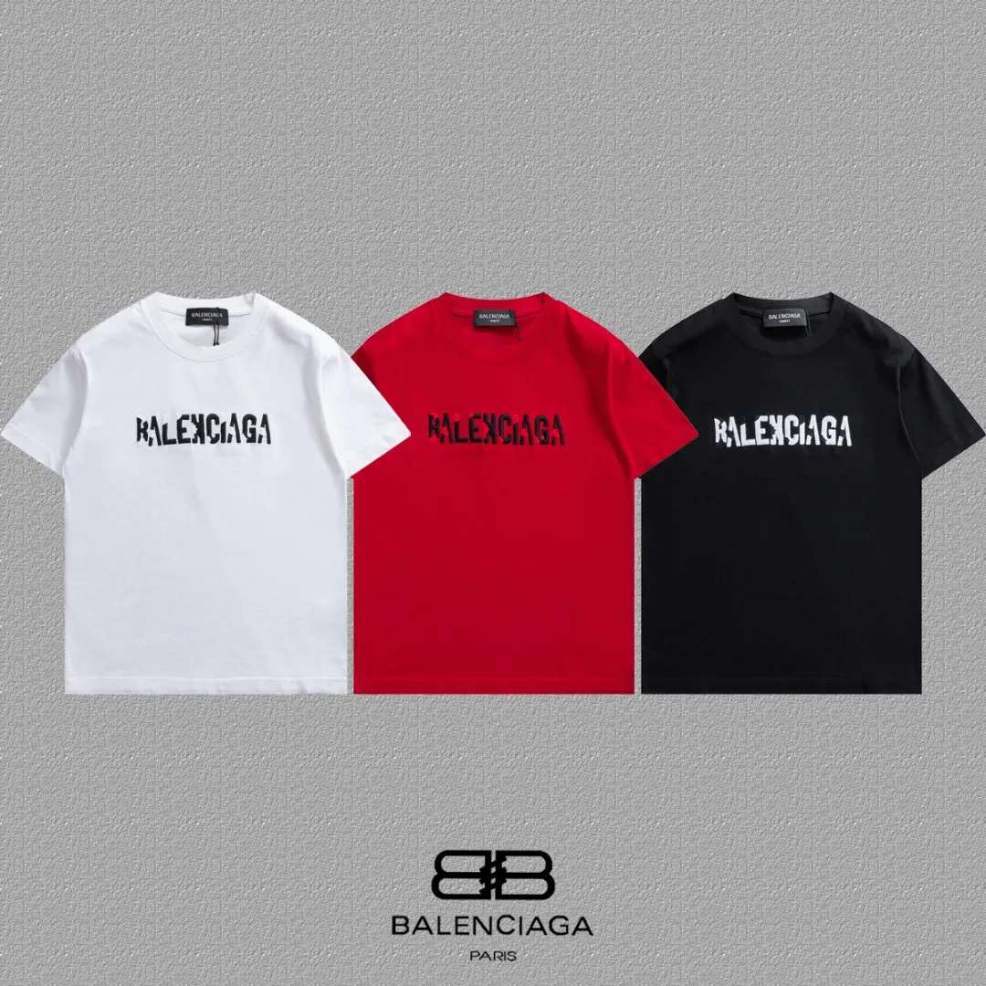 P100✨🔥 [BALENCIAGA] 2026FW short-sleeved T-shirt Premium 26s double yarn 300g fabric embroidery fraying process Color: Black White Red Size: S M L XL 2XL